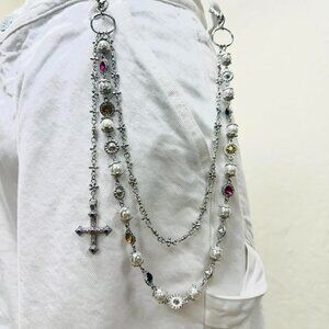 Y2k 2000s style Silver waist chain belt with cross charms